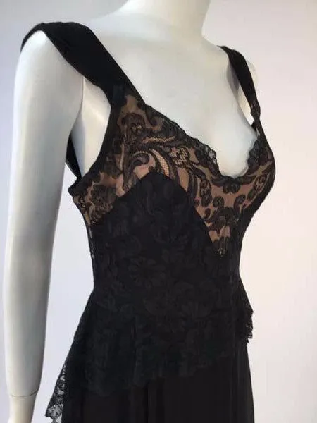 1940s Black Silk Evening Dress with Lace Overlay
