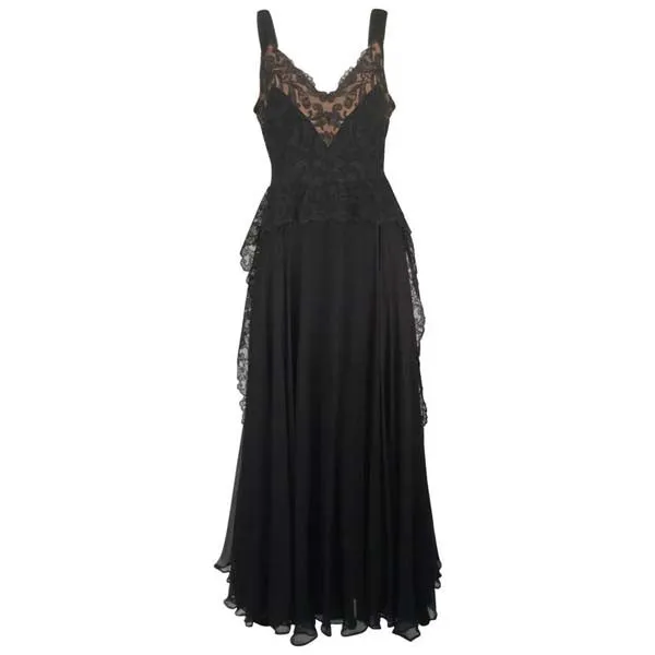1940s Black Silk Evening Dress with Lace Overlay