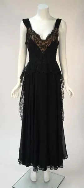 1940s Black Silk Evening Dress with Lace Overlay