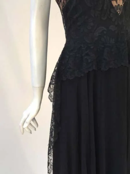 1940s Black Silk Evening Dress with Lace Overlay