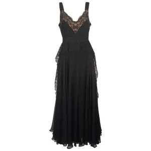 1940s Black Silk Evening Dress with Lace Overlay