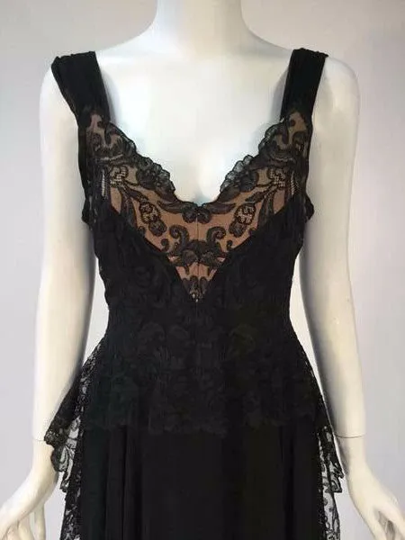 1940s Black Silk Evening Dress with Lace Overlay
