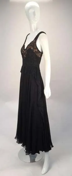 1940s Black Silk Evening Dress with Lace Overlay