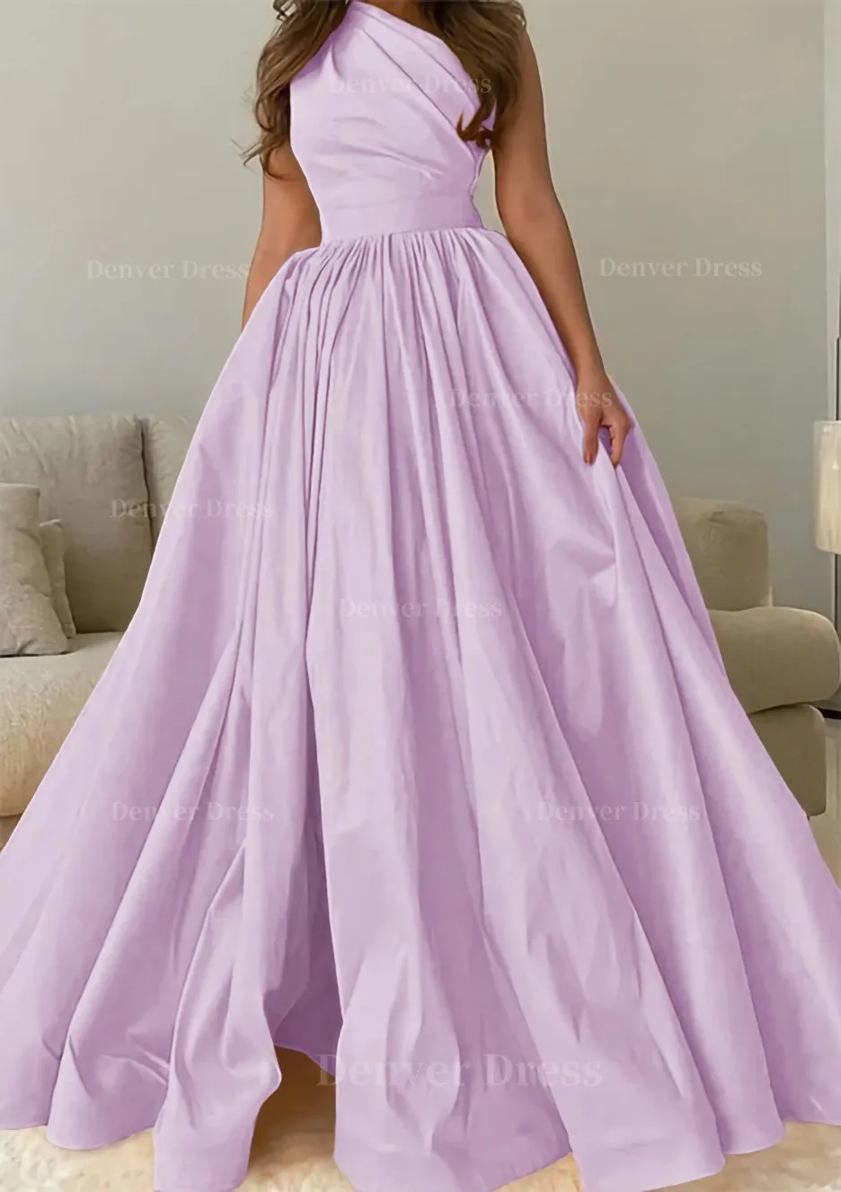 A-line One-Shoulder Sleeveless Sweep Train Satin Prom Dress with Pleated