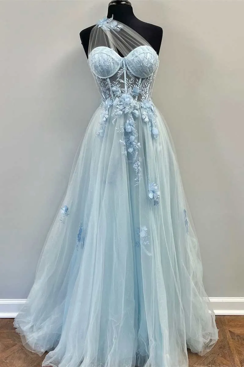 A Line One Shoulder Tulle Prom Dress with Flowers, New Style Appliqued Party Gown UQP0221