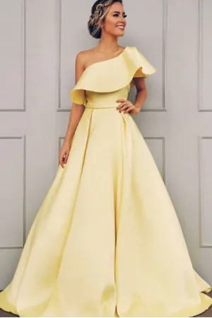 A Line Satin Long Prom Dress One Shoulder Formal Dress