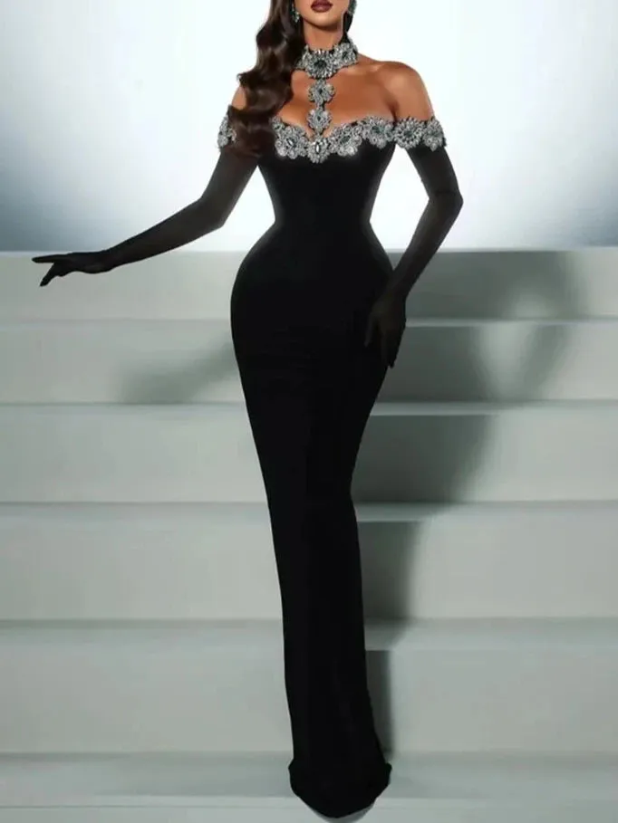 A&A Luxe Embellished Diamonte Crystal Bandage Bodycon Maxi Dress