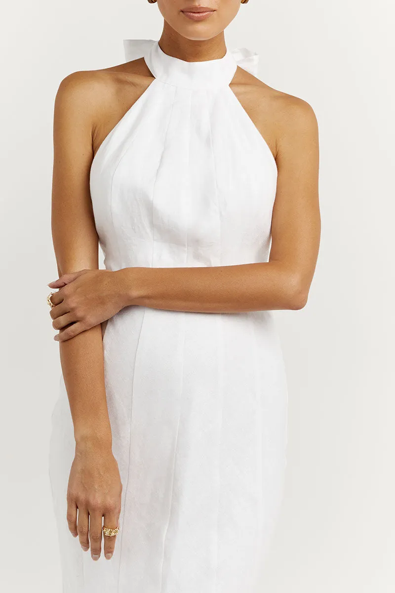 AISLE WHITE LINEN HIGH NECK DRESS
