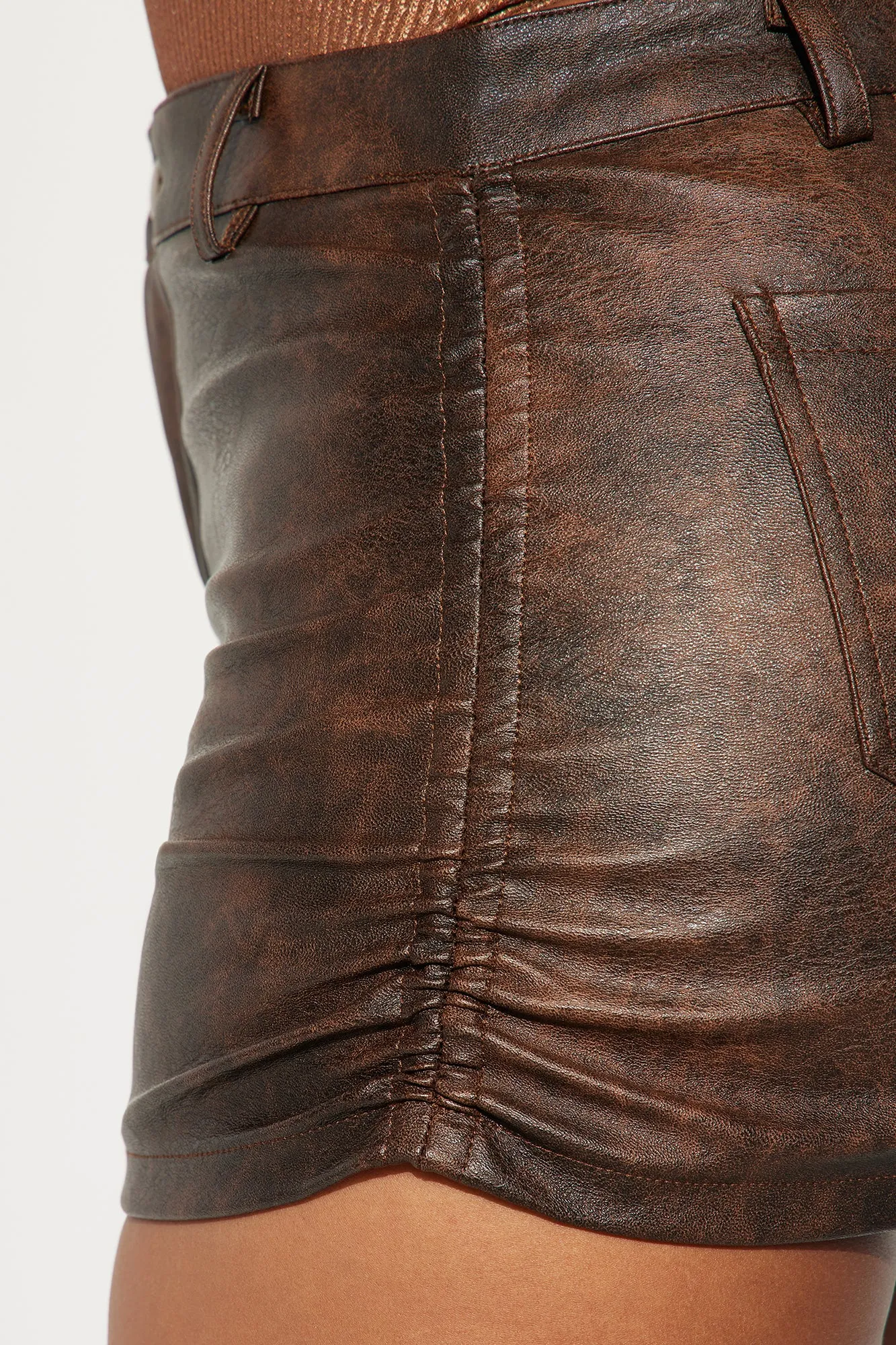 All Ruched Up Washed Faux Leather Mini Skirt - Brown