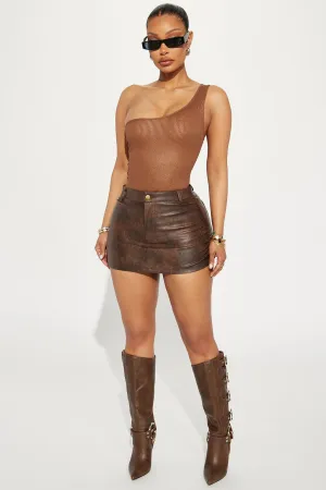 All Ruched Up Washed Faux Leather Mini Skirt - Brown