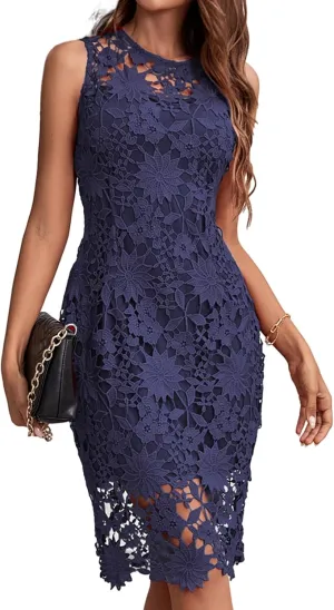 ALLANDWELL Women's Elegant Floral Lace Fixed V Neck Fluttering Short Sleeves Knee Length Dress