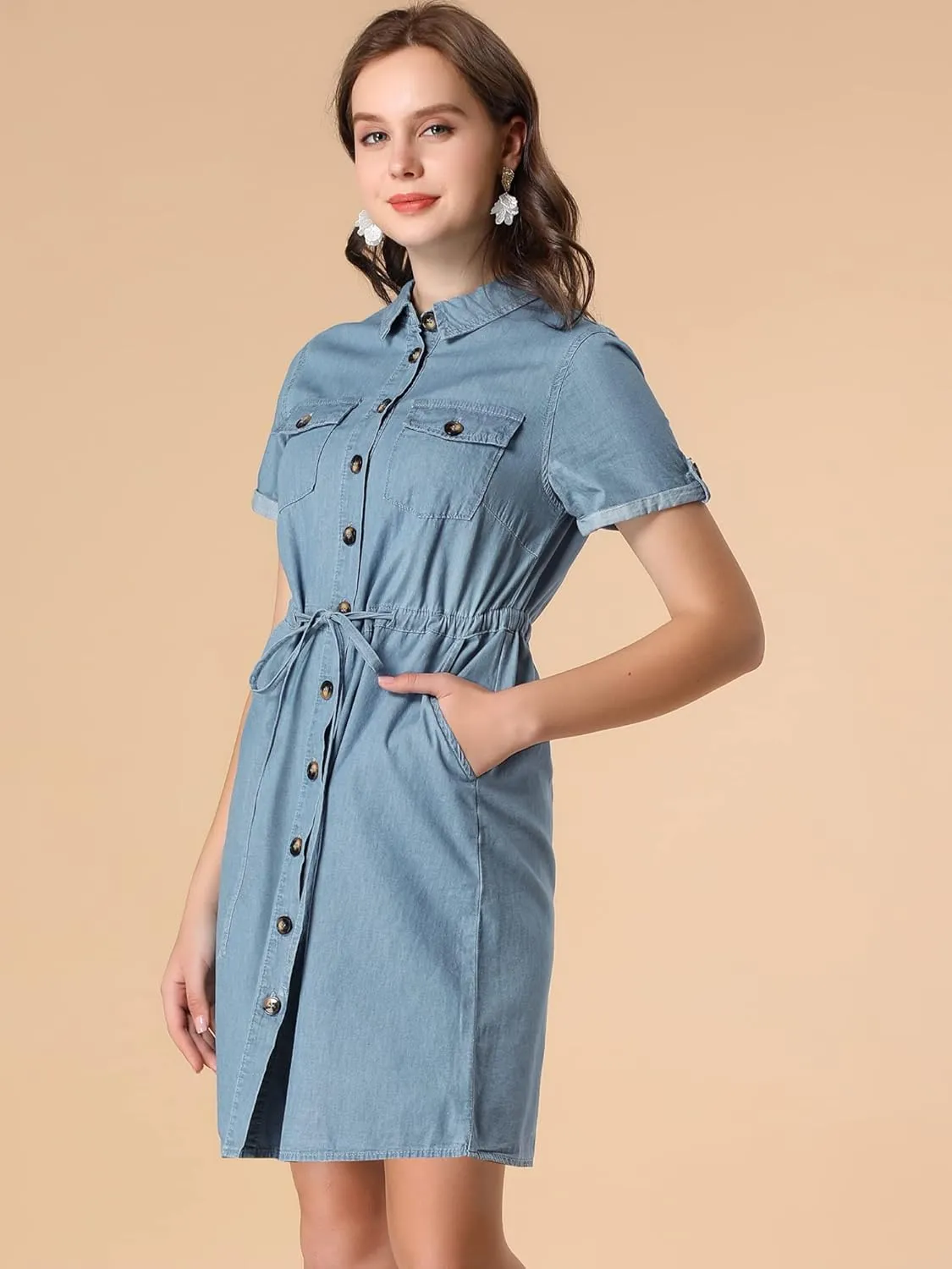 Allegra K Women's Jean Dress Short Sleeve Tie Waist Casual Button Down Shirt Denim Dresses