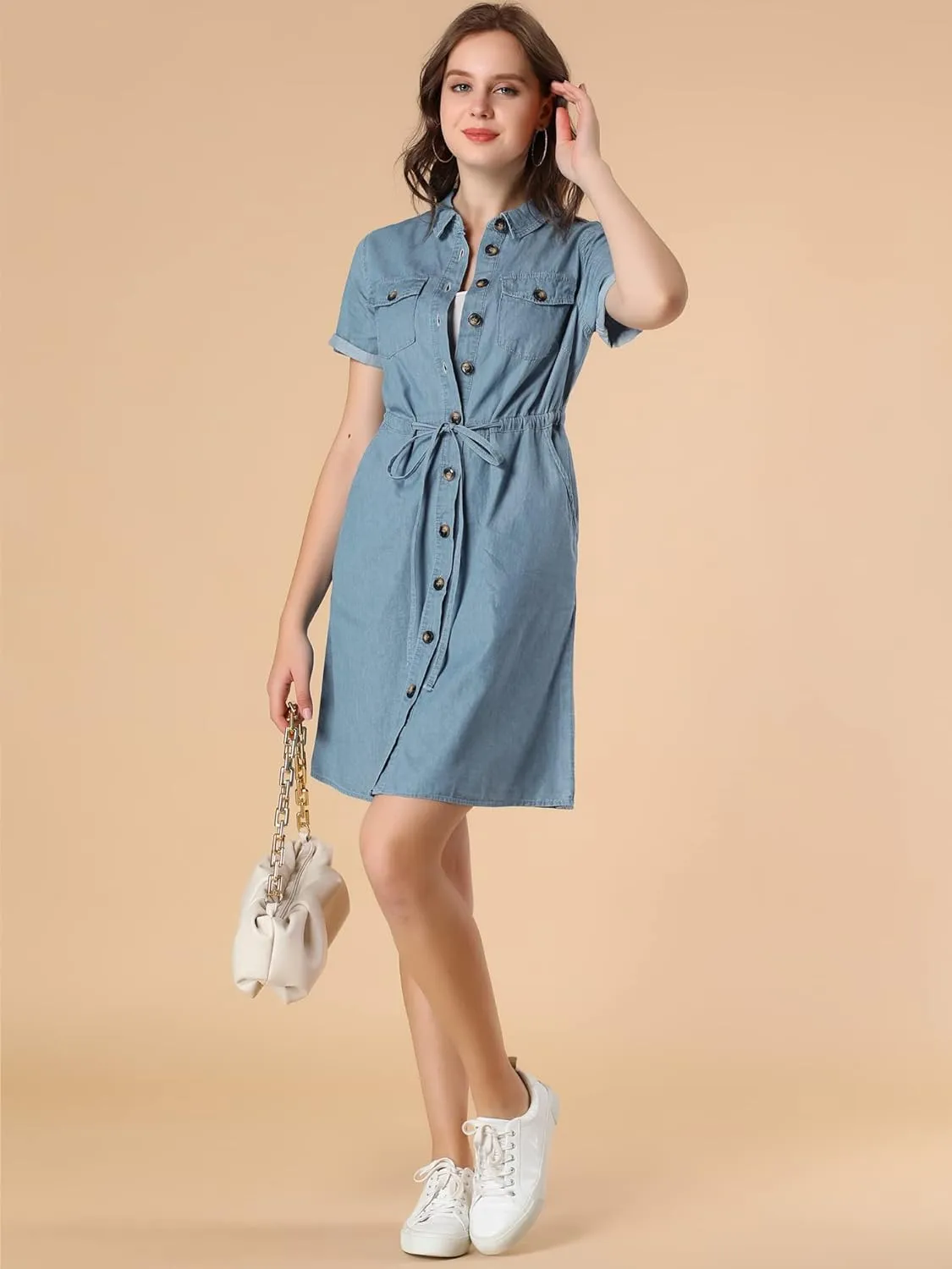 Allegra K Women's Jean Dress Short Sleeve Tie Waist Casual Button Down Shirt Denim Dresses