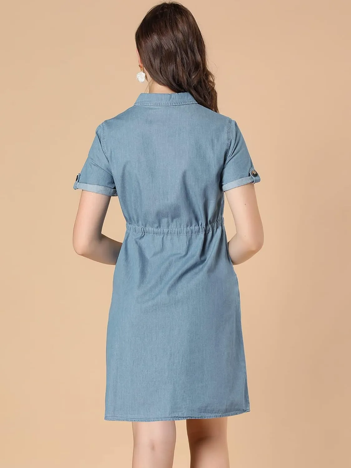 Allegra K Women's Jean Dress Short Sleeve Tie Waist Casual Button Down Shirt Denim Dresses