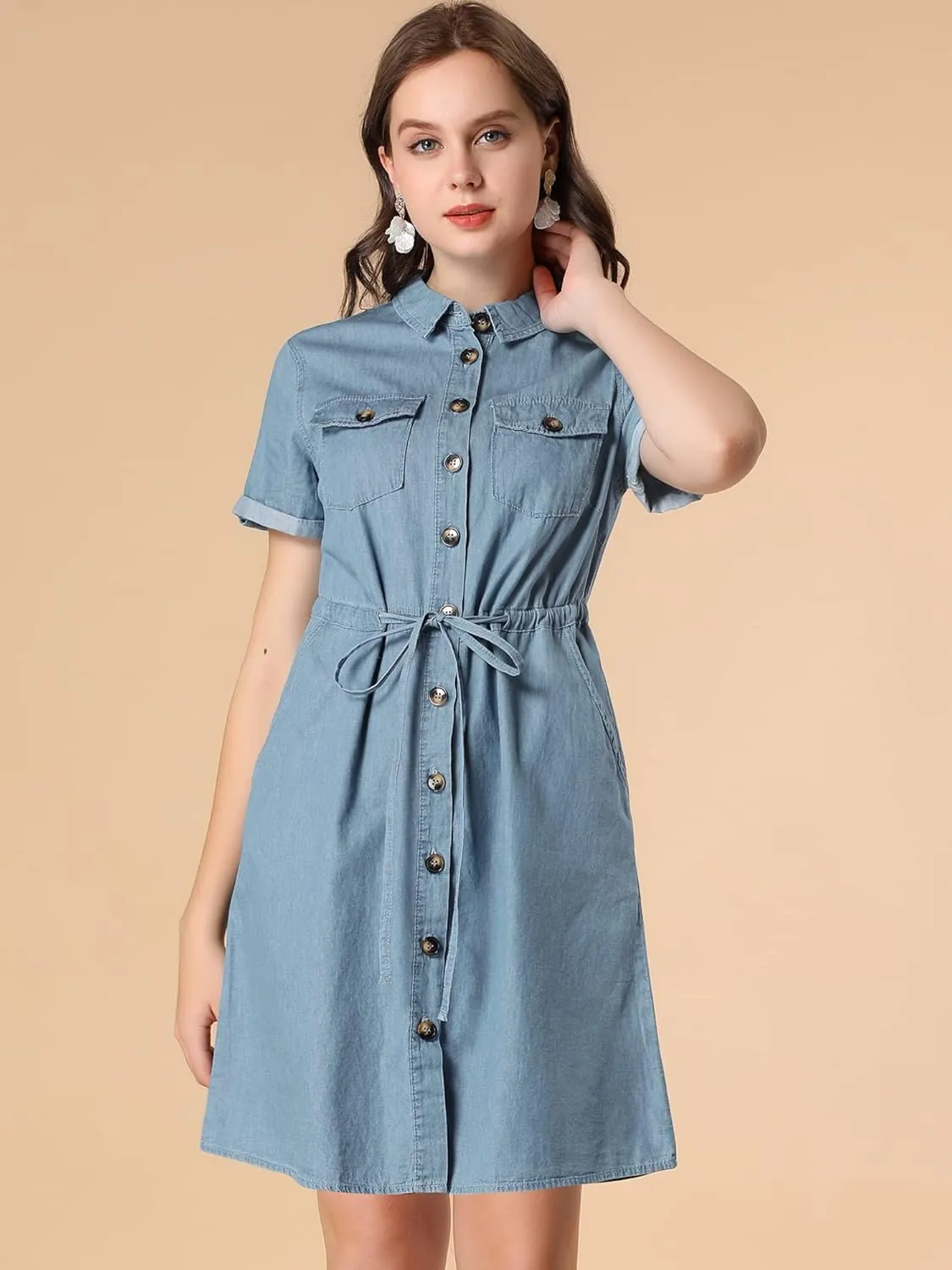 Allegra K Women's Jean Dress Short Sleeve Tie Waist Casual Button Down Shirt Denim Dresses