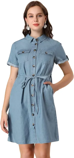 Allegra K Women's Jean Dress Short Sleeve Tie Waist Casual Button Down Shirt Denim Dresses
