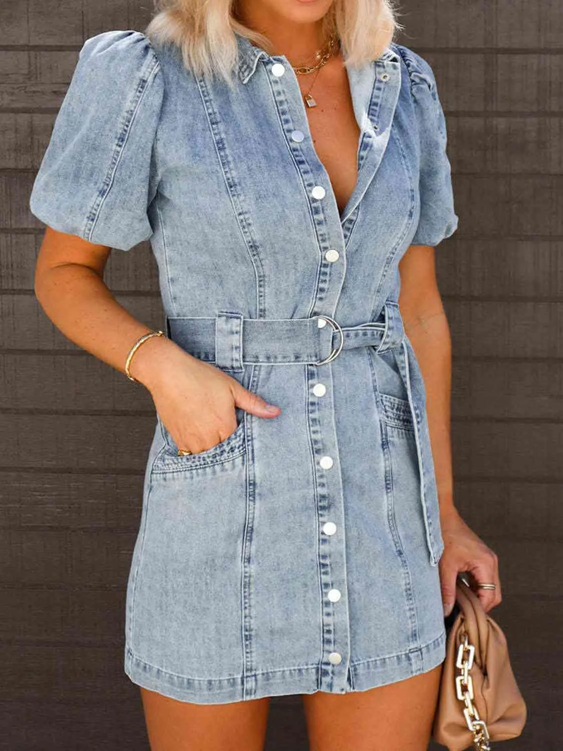 *APP EXCLUSIVE*  Puff Sleeve Button Up Mini Denim Dress