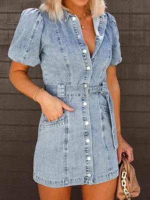 *APP EXCLUSIVE*  Puff Sleeve Button Up Mini Denim Dress