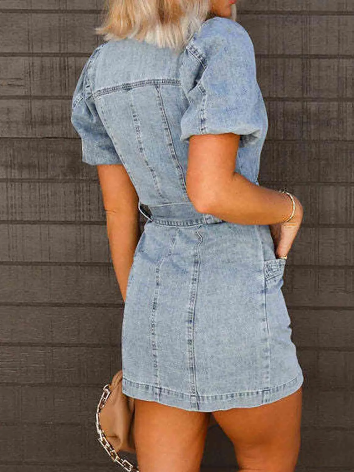 *APP EXCLUSIVE*  Puff Sleeve Button Up Mini Denim Dress