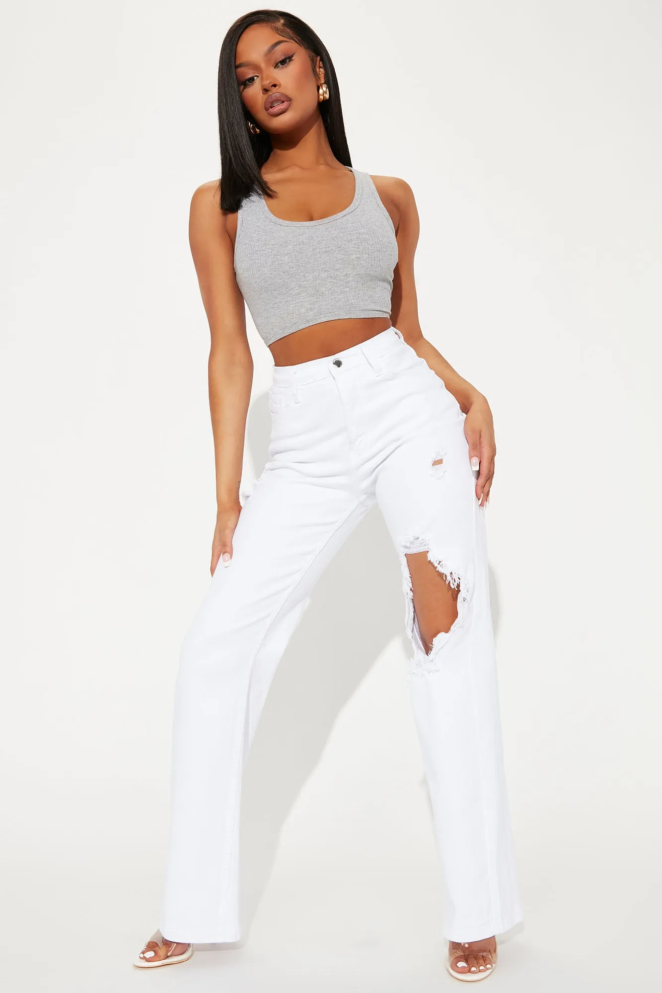 Arm Candy High Rise Ripped Straight Leg Jeans - White