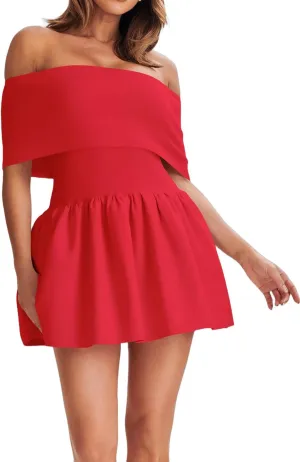 Atizon Women's Summer Off The Shoulder Mini Dress Casual Short Sleeve Trendy Cocktail Party A Line Dresses
