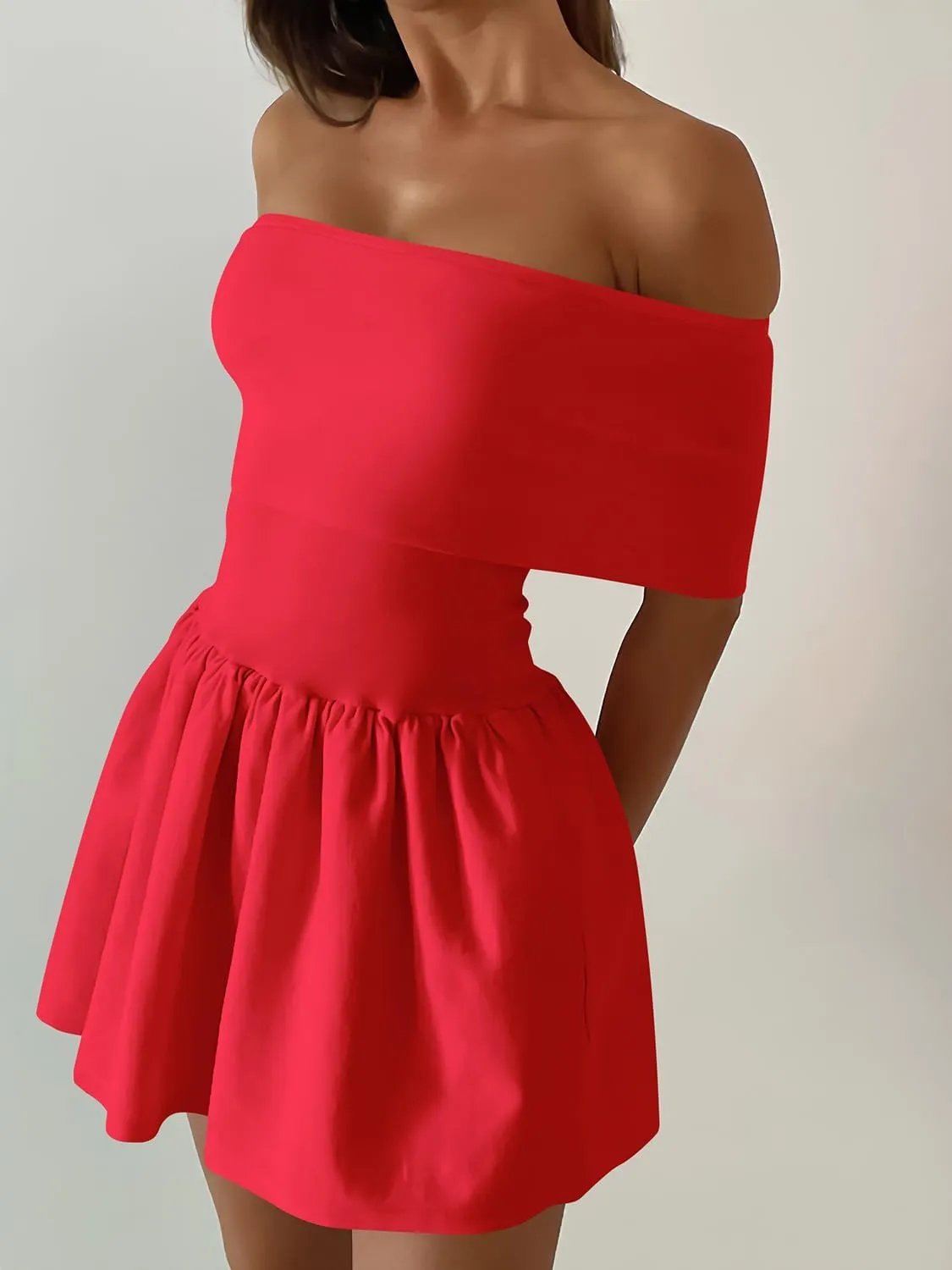 Atizon Women's Summer Off The Shoulder Mini Dress Casual Short Sleeve Trendy Cocktail Party A Line Dresses