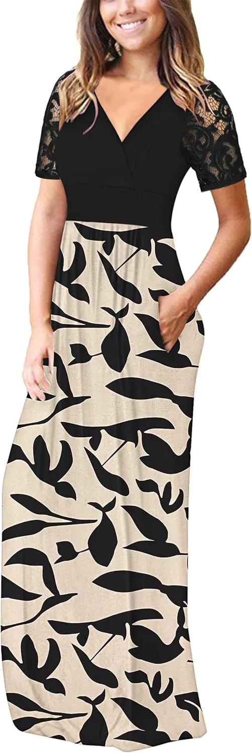 AUSELILY Womens Maxi Dress 2025 Summer Lace Short Sleeve V Neck Wrap Waist Long Dresses with Pockets