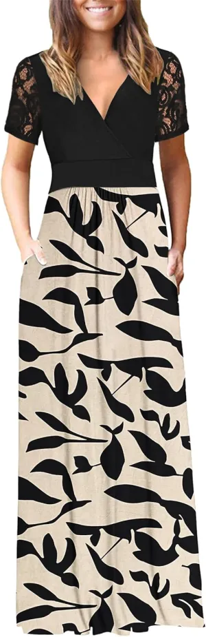 AUSELILY Womens Maxi Dress 2025 Summer Lace Short Sleeve V Neck Wrap Waist Long Dresses with Pockets