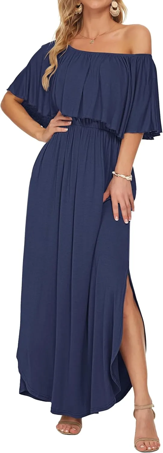 AUSELILY Womens Off The Shoulder Dress Summer Casual Long Ruffle Party Side Split Beach Maxi Dresses with Pockets