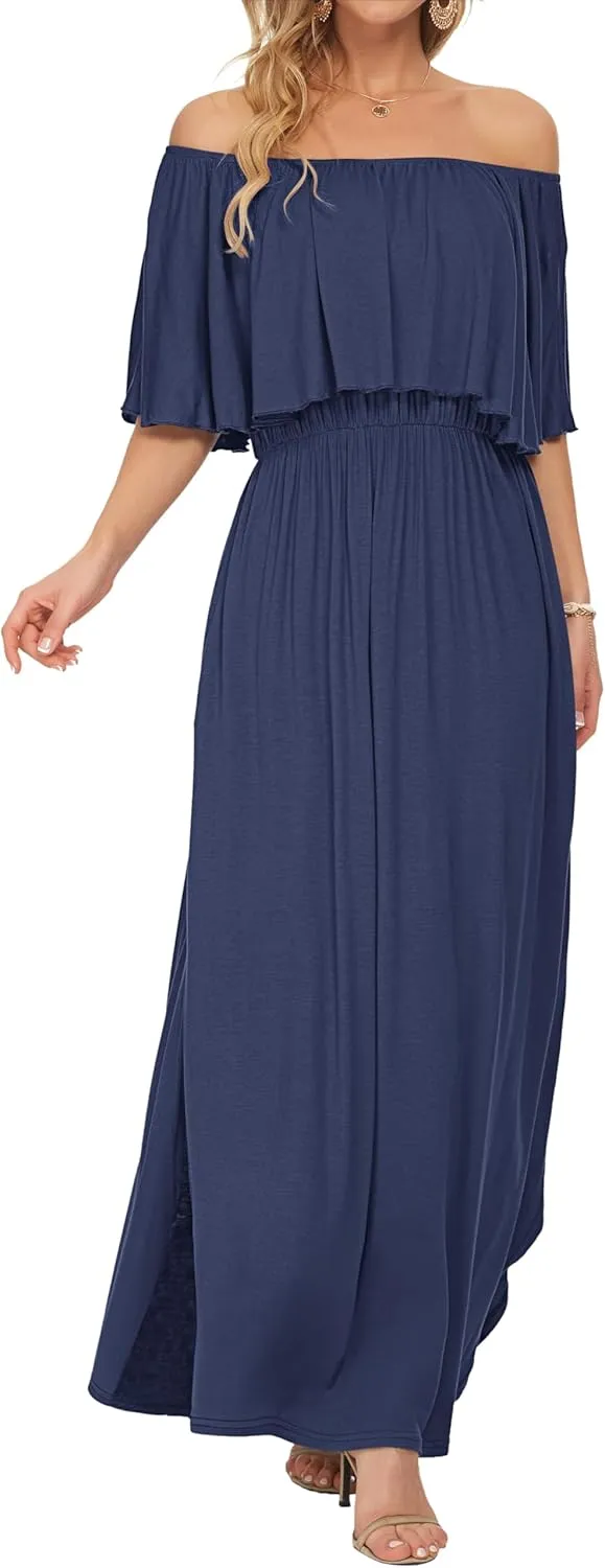 AUSELILY Womens Off The Shoulder Dress Summer Casual Long Ruffle Party Side Split Beach Maxi Dresses with Pockets