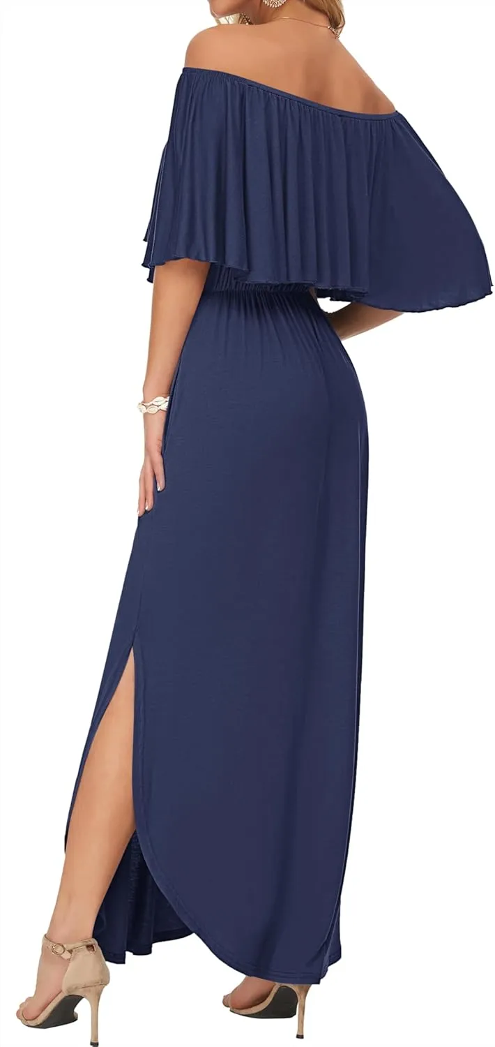 AUSELILY Womens Off The Shoulder Dress Summer Casual Long Ruffle Party Side Split Beach Maxi Dresses with Pockets