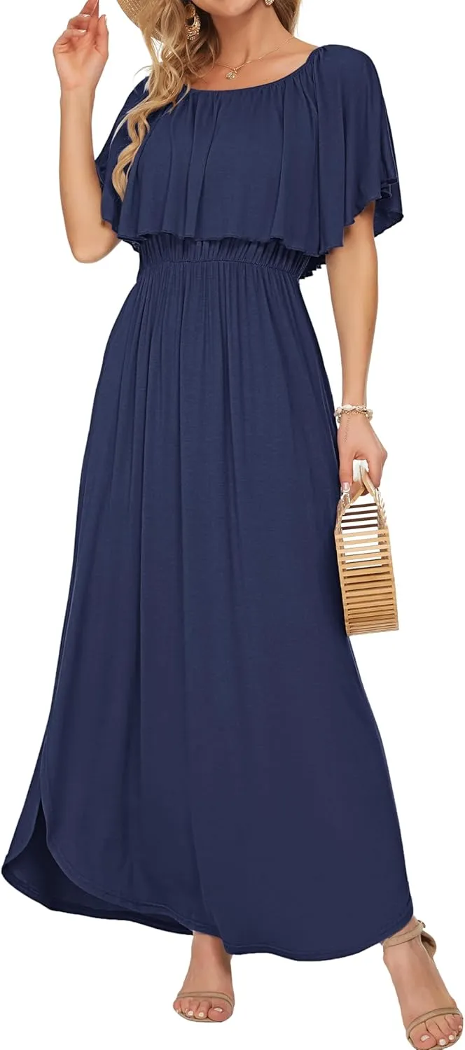 AUSELILY Womens Off The Shoulder Dress Summer Casual Long Ruffle Party Side Split Beach Maxi Dresses with Pockets