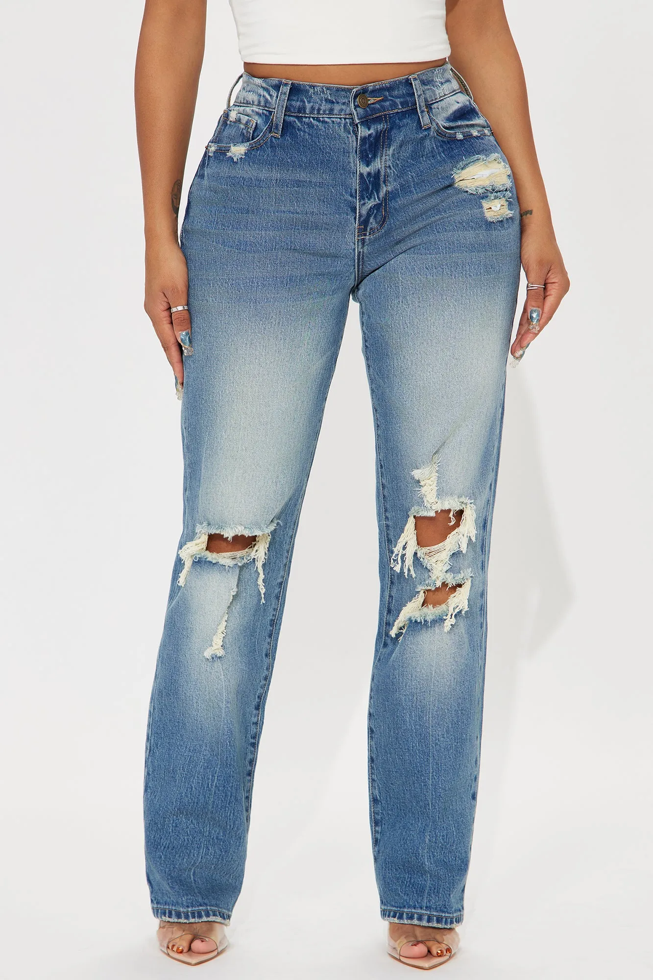 Avalon Stretch Ripped Straight Leg Jeans - Vintage Wash