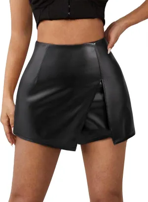 Avanova Women Faux Leather Slit Split Mini Skort High Rise Bodycon Short Skirt