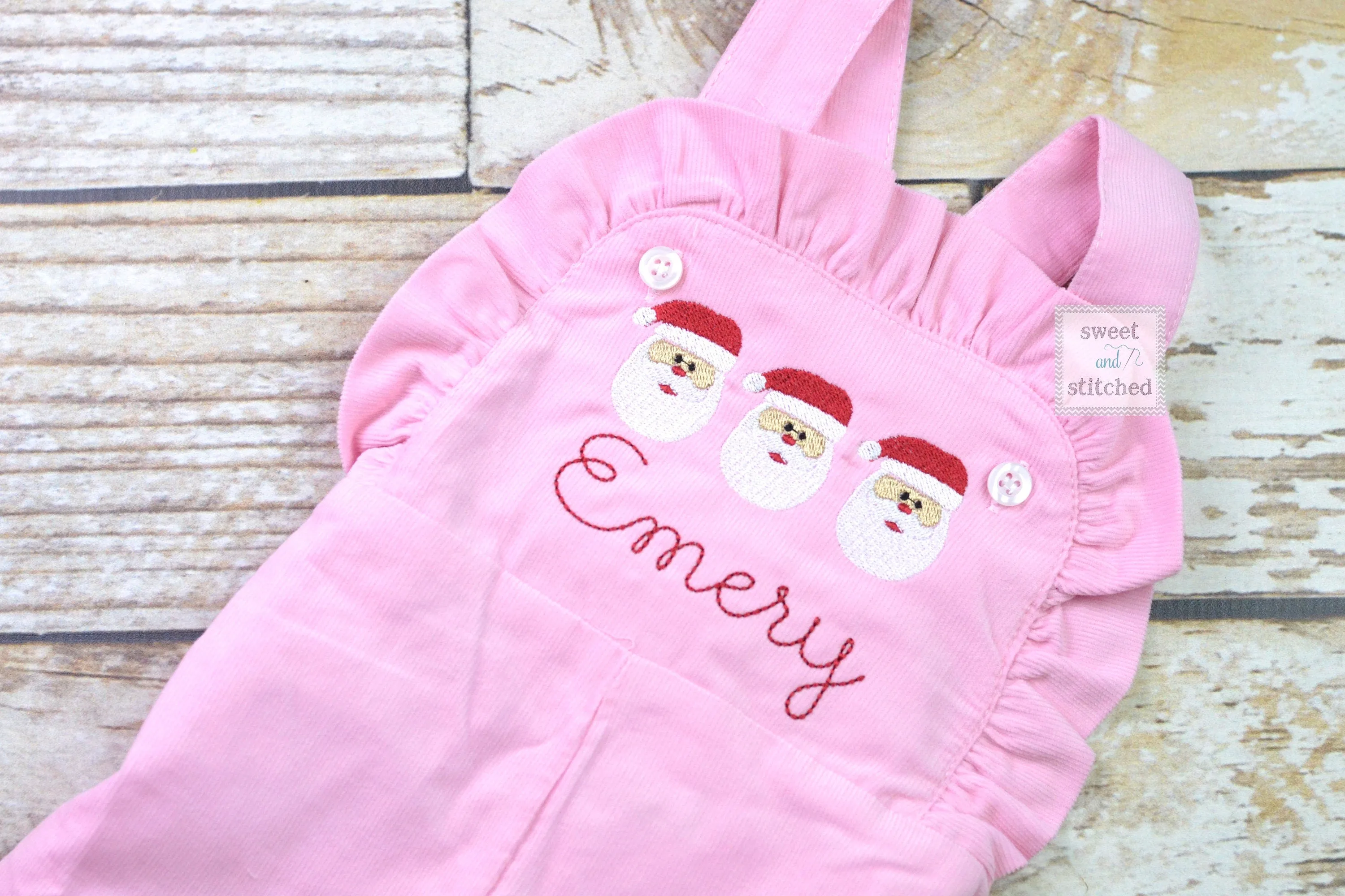 Baby girl monogrammed Christmas overalls with santas, monogrammed corduroy overalls, Pink Cord Christmas outfit, Santa pics