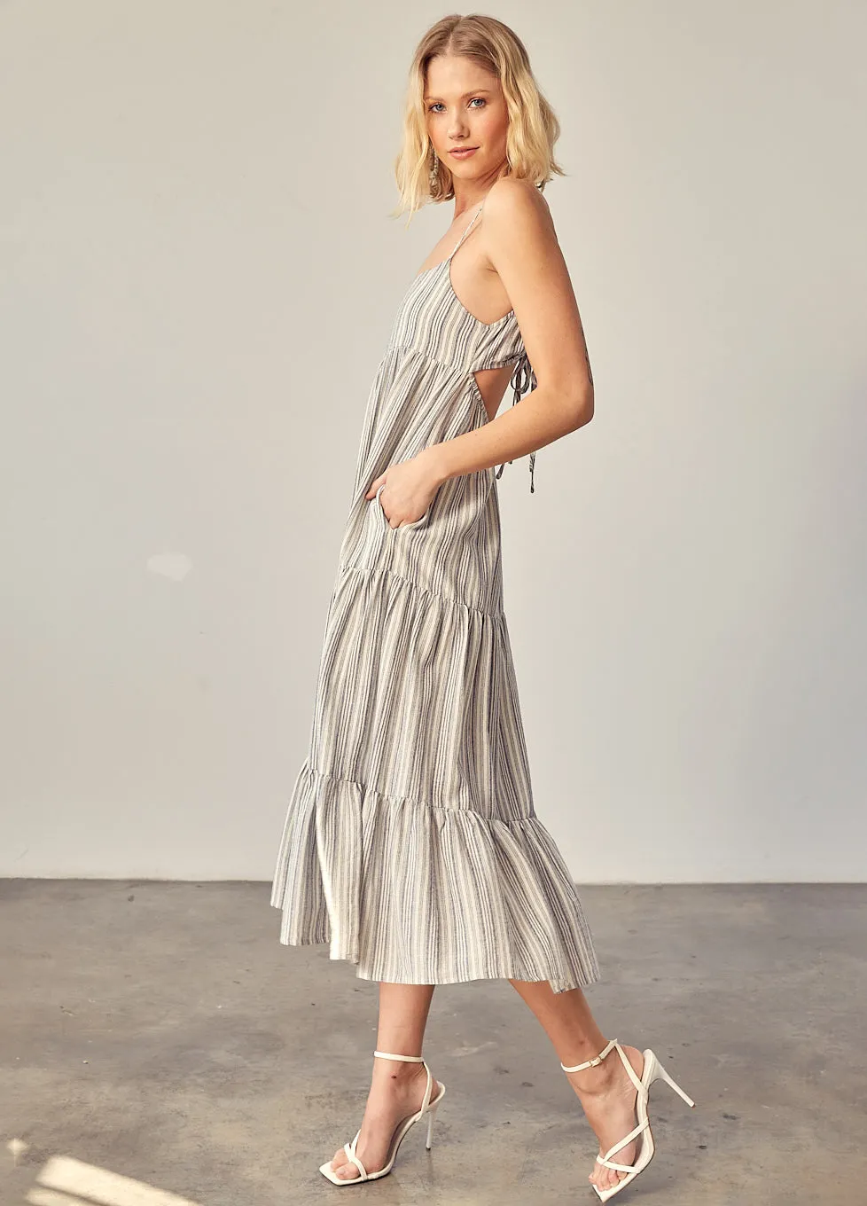 Back Drawstring Tiered Stripe Dress