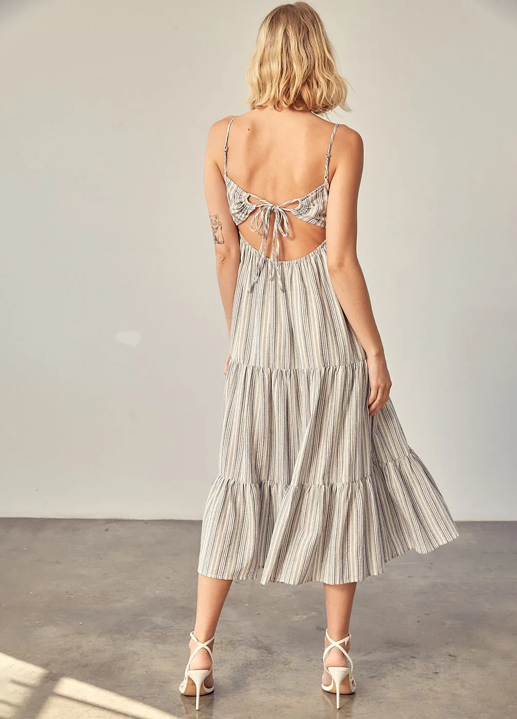 Back Drawstring Tiered Stripe Dress