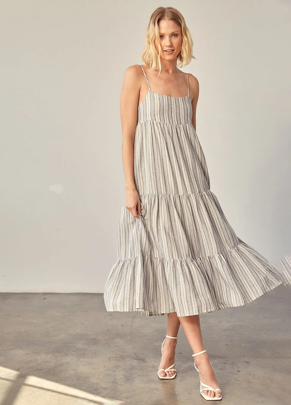 Back Drawstring Tiered Stripe Dress