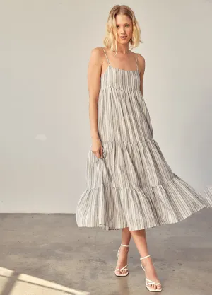 Back Drawstring Tiered Stripe Dress