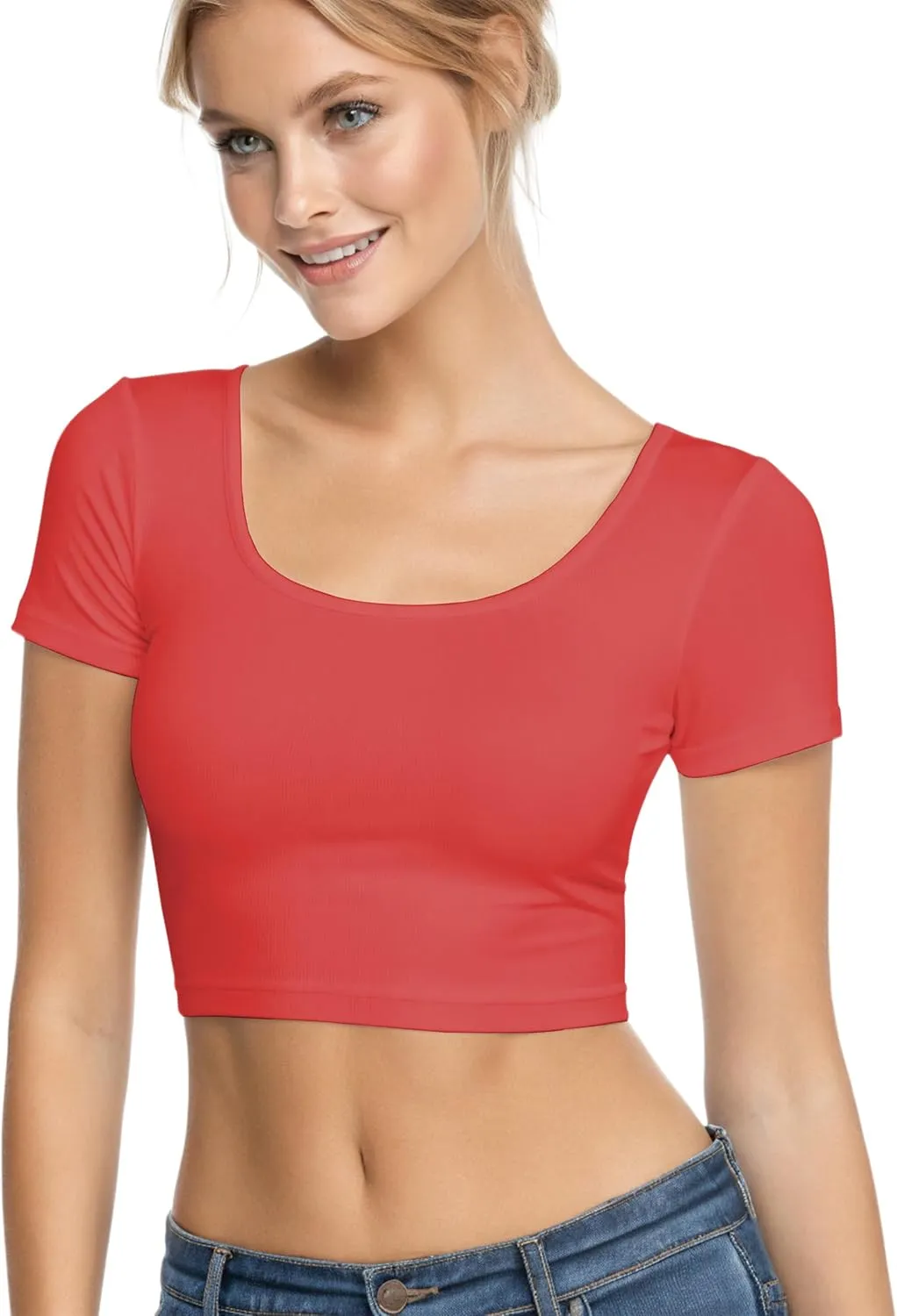 Basic Crop Tops for Women Short Sleeve T-Shirts Scoop Neck Cropped Shirts Women's Crop Top Cute Summer Tops Slim Fit Tees