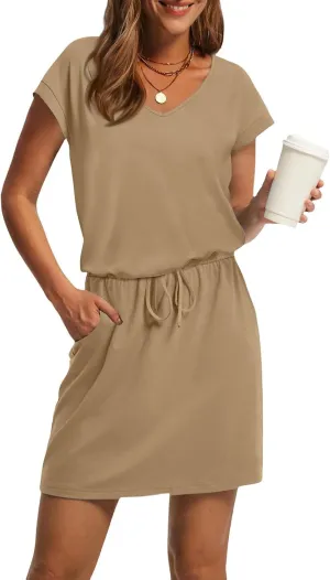 BAXLIMEK Mini Dresses for Women Summer Casual Loose V Neck Short Sleeve T Shirt Dress,Comfy Drawstring Striped Beach Dress