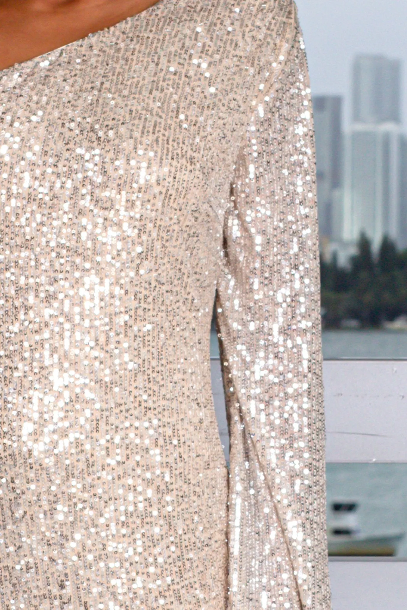 Beige and Silver One Shoulder Short Dress