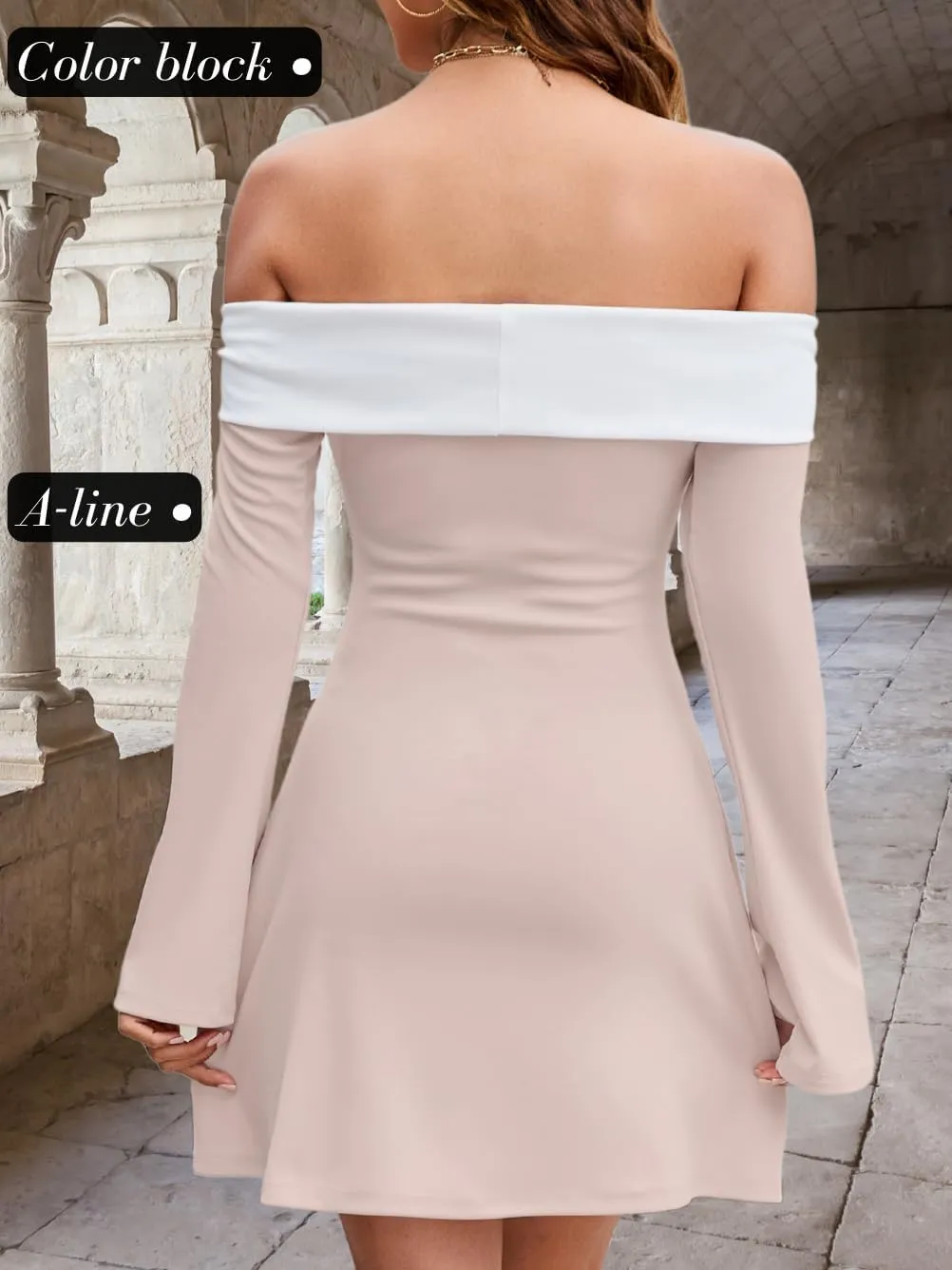 Bell Long Sleeve Corset Mini Dress, Cocktail Semi Formal, Off The Shoulder Flare Dresses for Women, Date Night