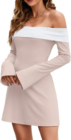 Bell Long Sleeve Corset Mini Dress, Cocktail Semi Formal, Off The Shoulder Flare Dresses for Women, Date Night