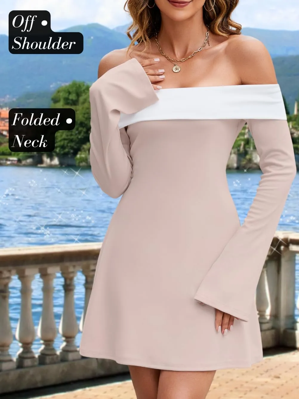 Bell Long Sleeve Corset Mini Dress, Cocktail Semi Formal, Off The Shoulder Flare Dresses for Women, Date Night
