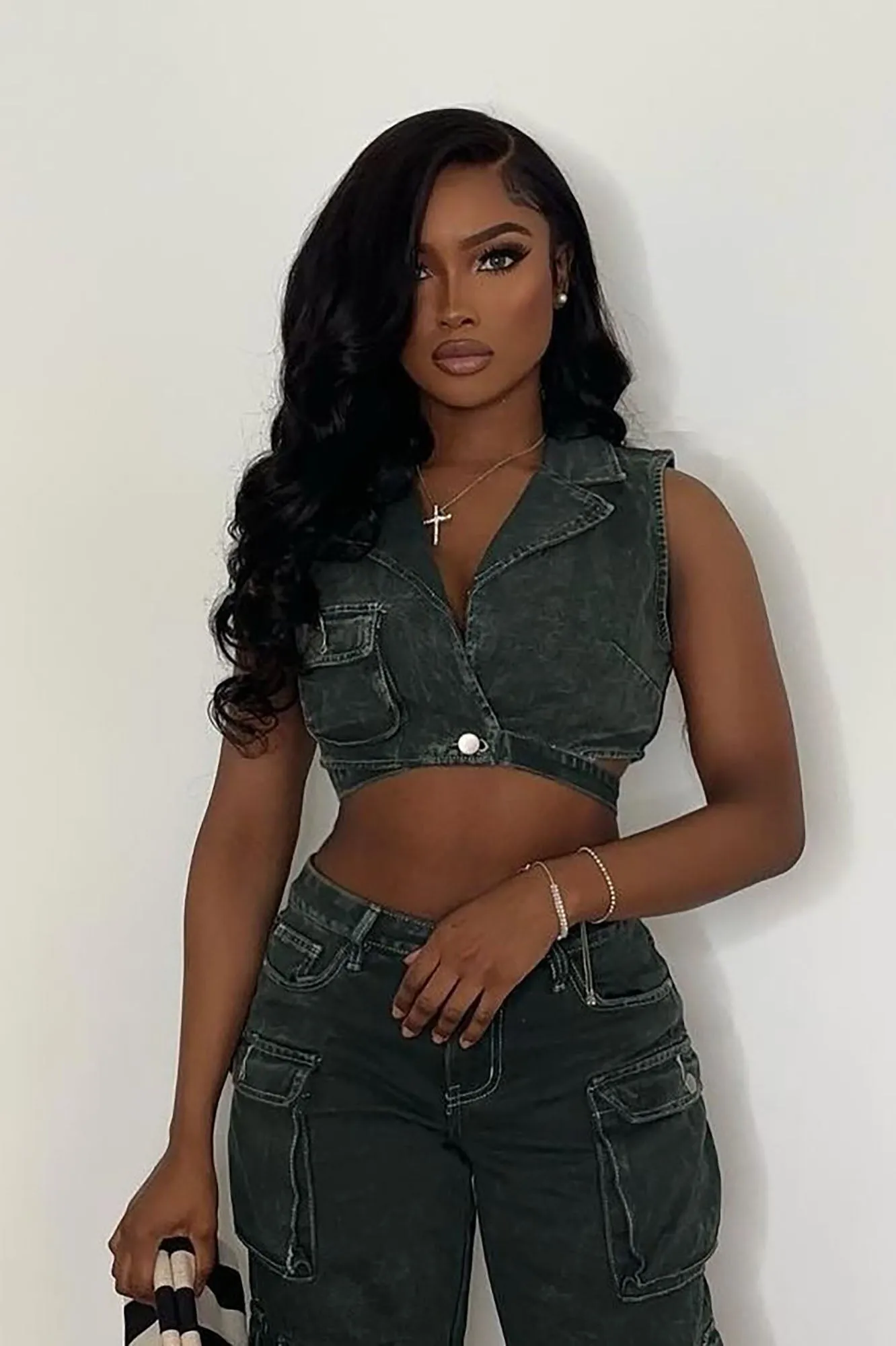 Billie Cargo Cropped Denim Vest - Green