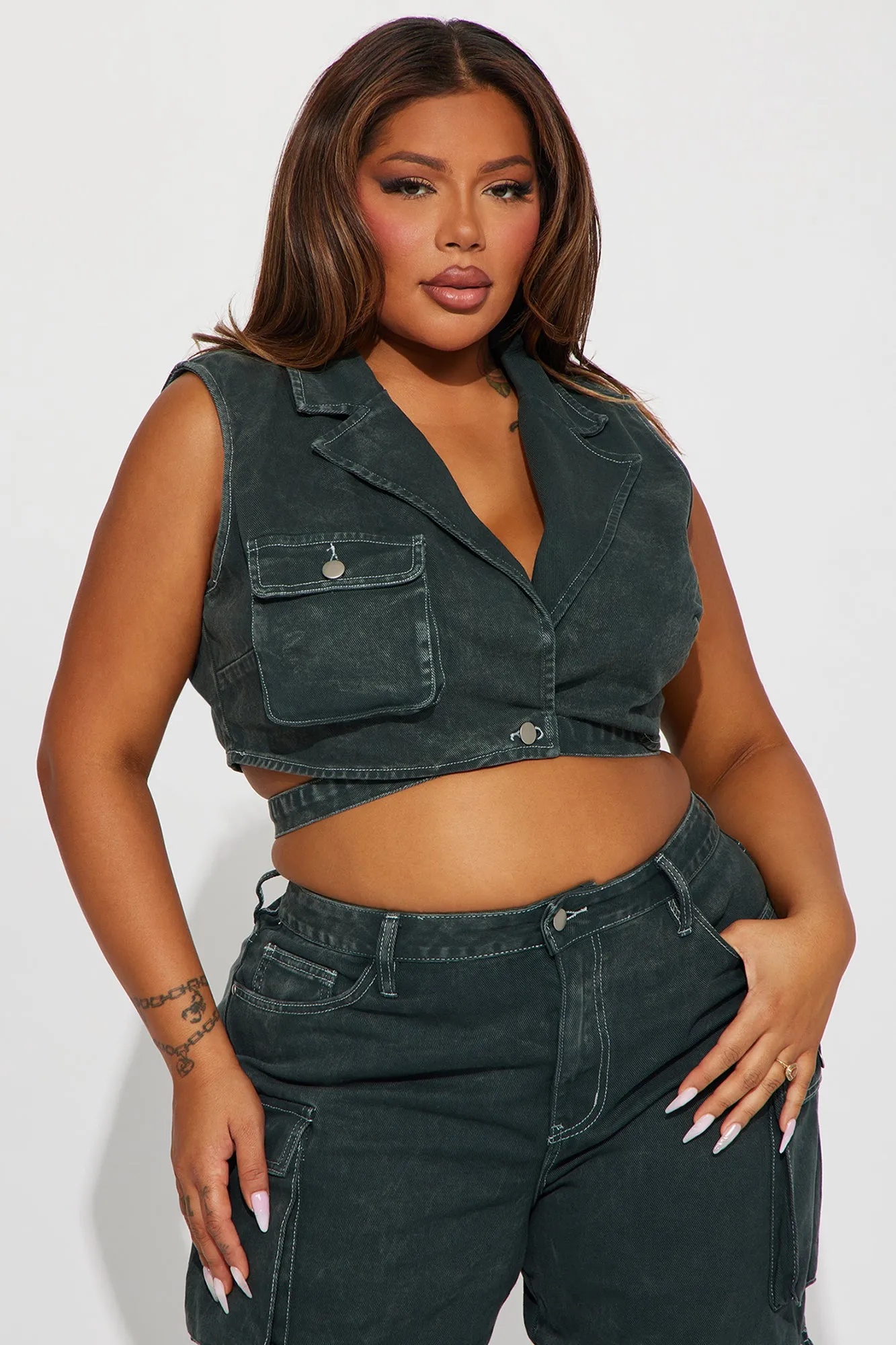 Billie Cargo Cropped Denim Vest - Green