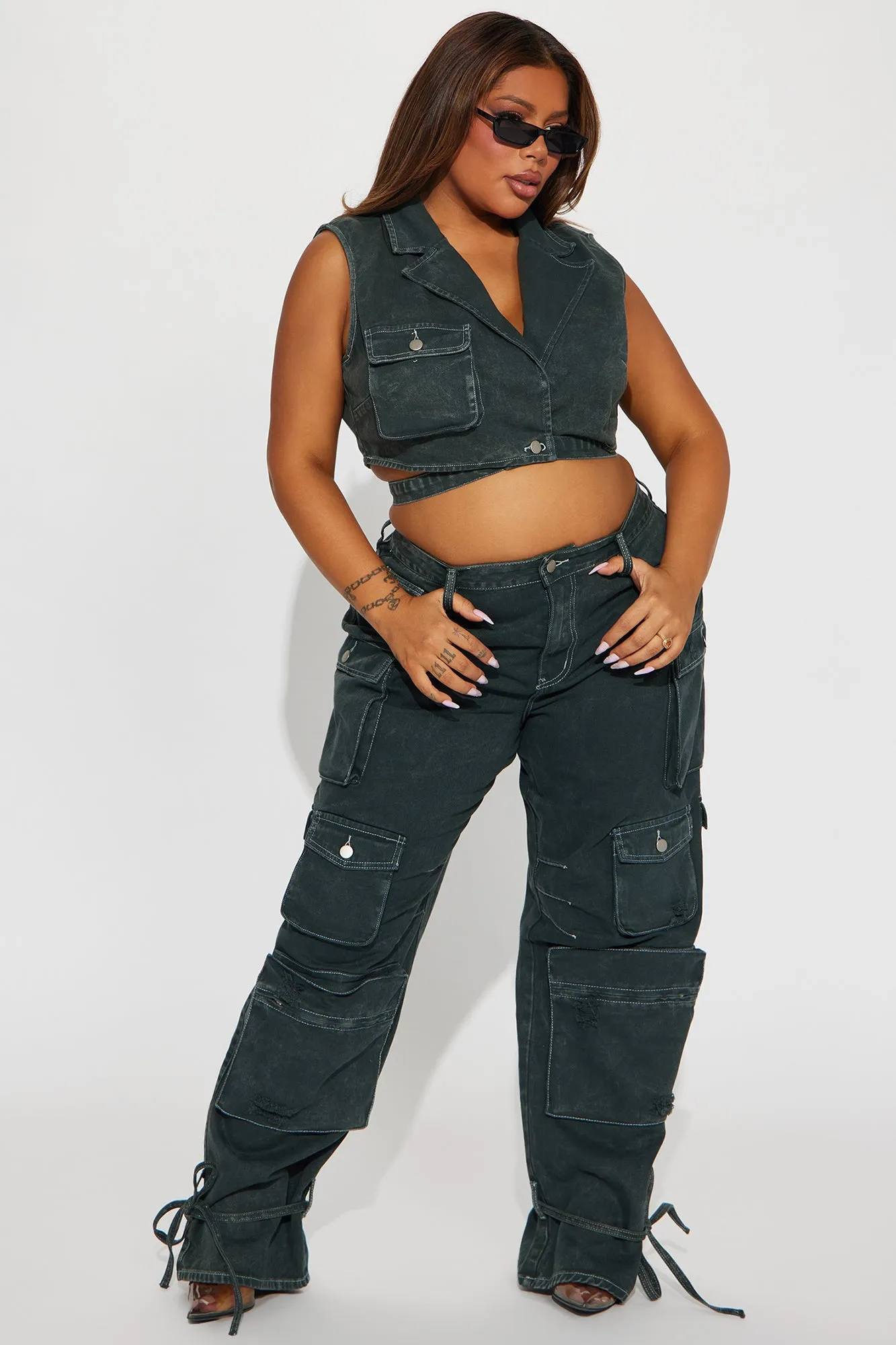 Billie Cargo Cropped Denim Vest - Green