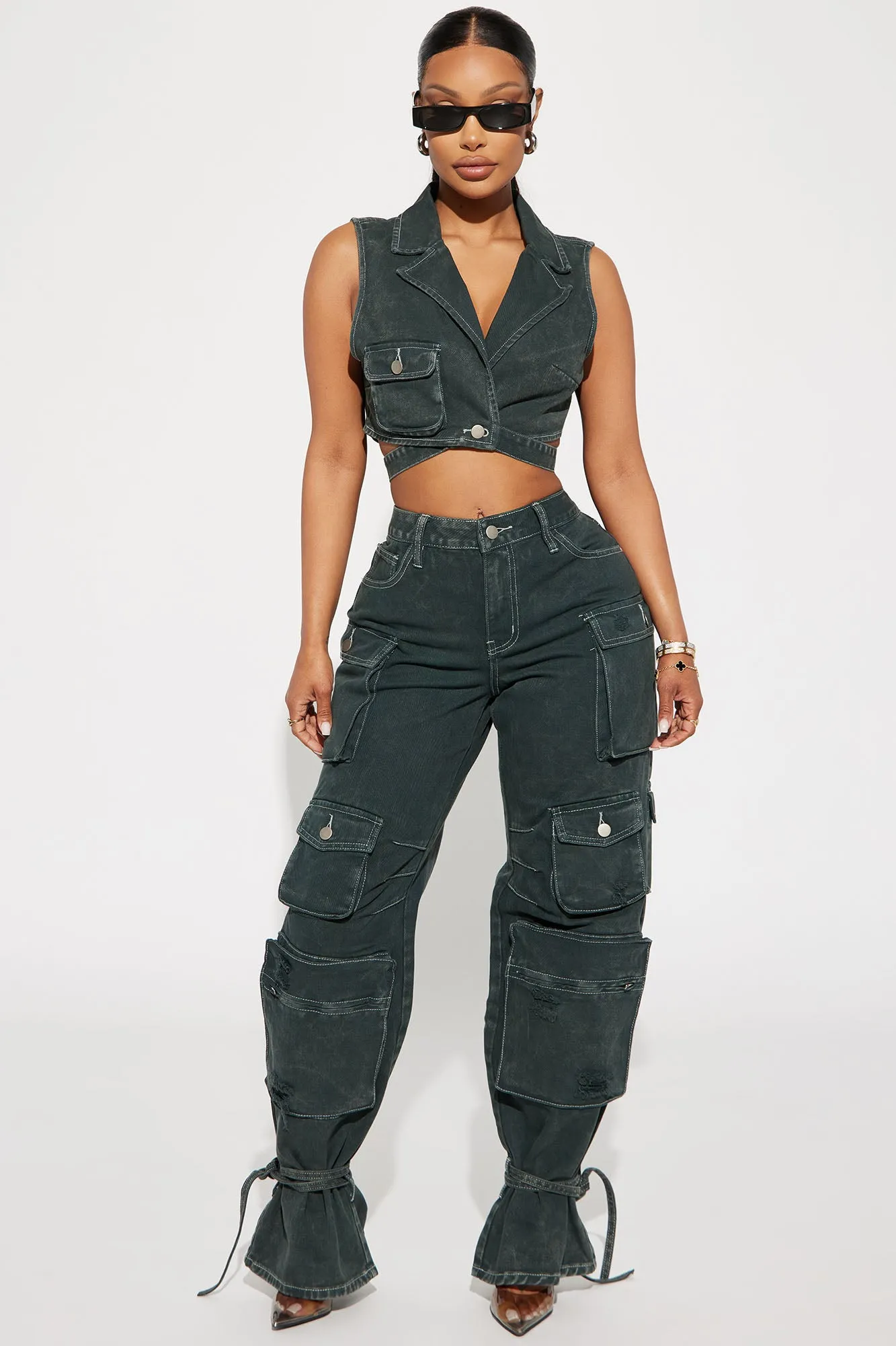 Billie Cargo Cropped Denim Vest - Green