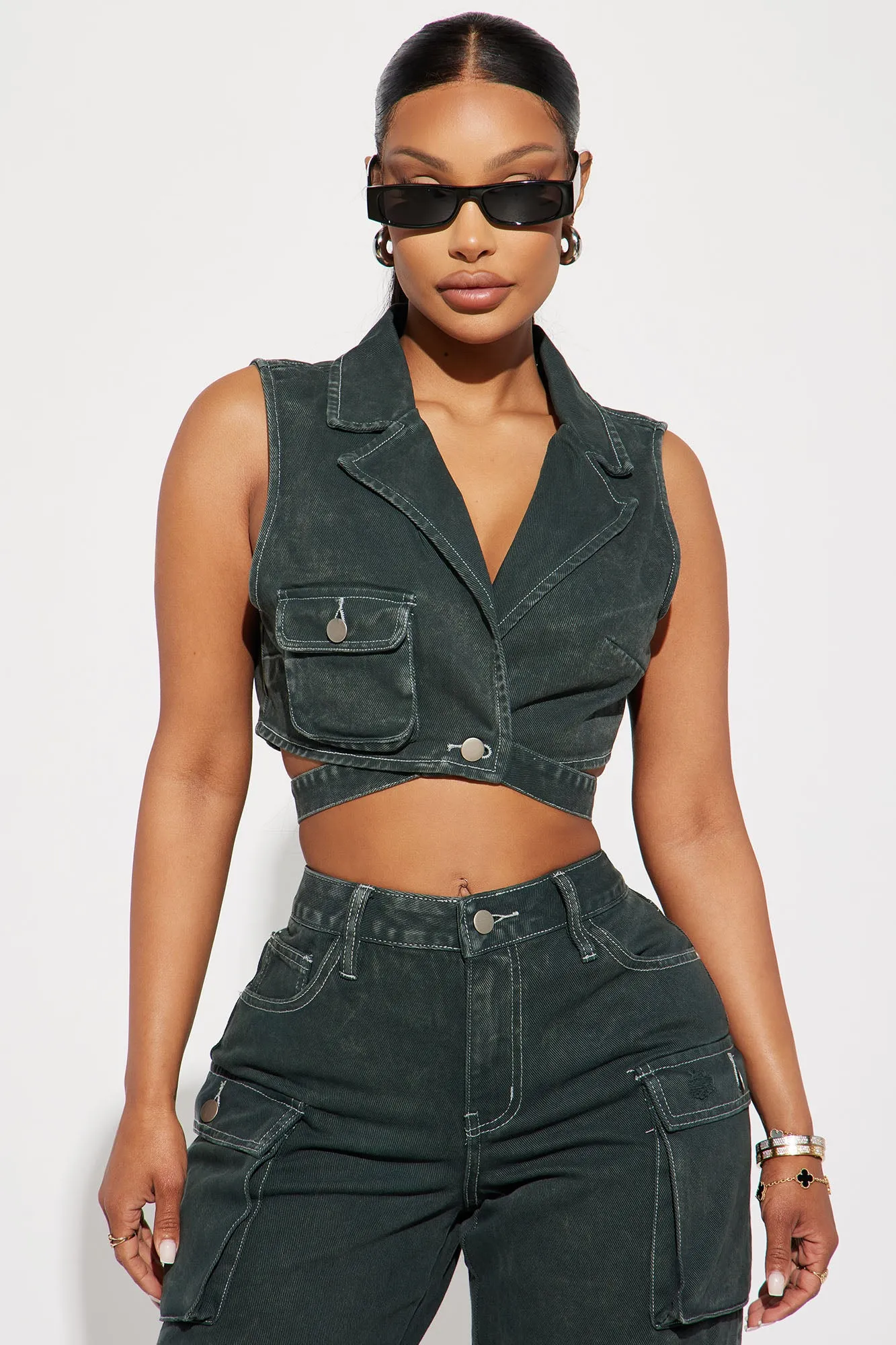 Billie Cargo Cropped Denim Vest - Green
